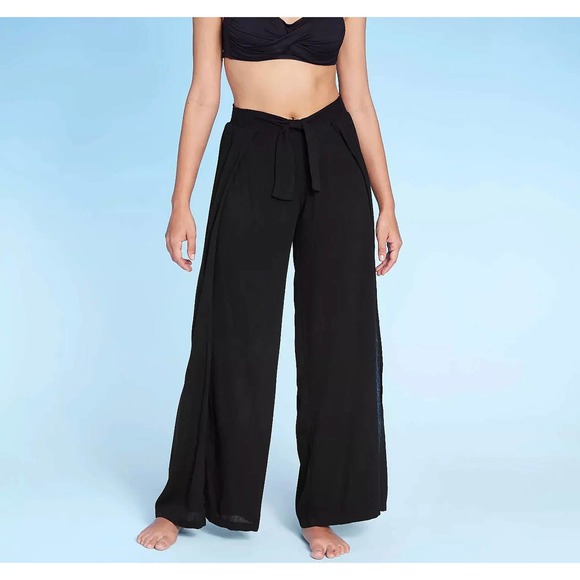 Kona Sol Black Tie Waist Cover Up Pants 